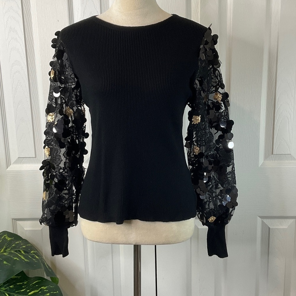 Sioni Milano Black Illusion Sheer Floral Embellished Sleeve Sweater Size S